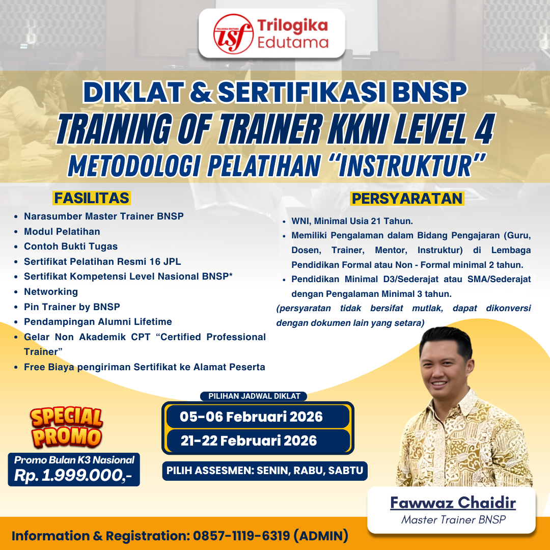 PROMO BULAN K3 NASIONAL!!! DIKLAT DAN SERTIFIKASI BNSP TOT LEVEL 4 FULL ONLINE FEBRUARI 2026